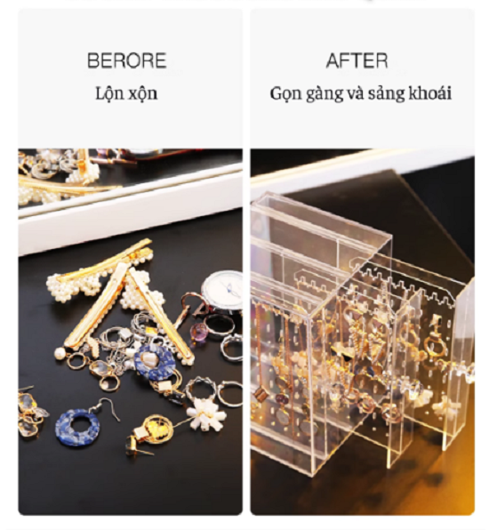 Hộp 3 khay treo trang sức khuyên tai mica trong suốt (khay trong và khay đen giao ngẫu nhiên)