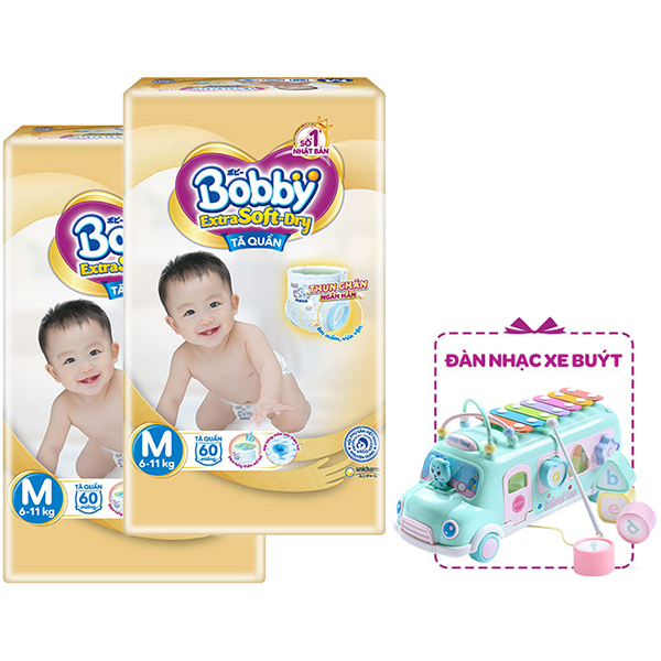 Combo 2 Tã Quần Bobby Extra Soft Dry M60 - Tặng 1 Đàn Nhạc Xe Bus