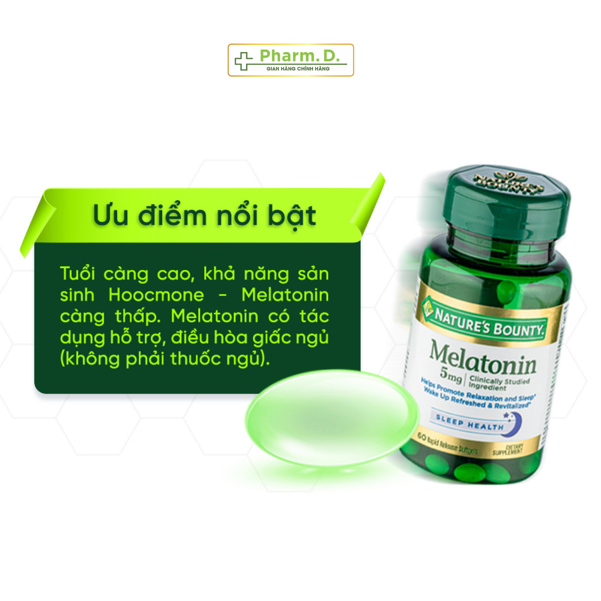 Viên uống hỗ trợ đều hòa giấc ngủ, giảm stress NATURE'S BOUNTY Melatonin 5mg