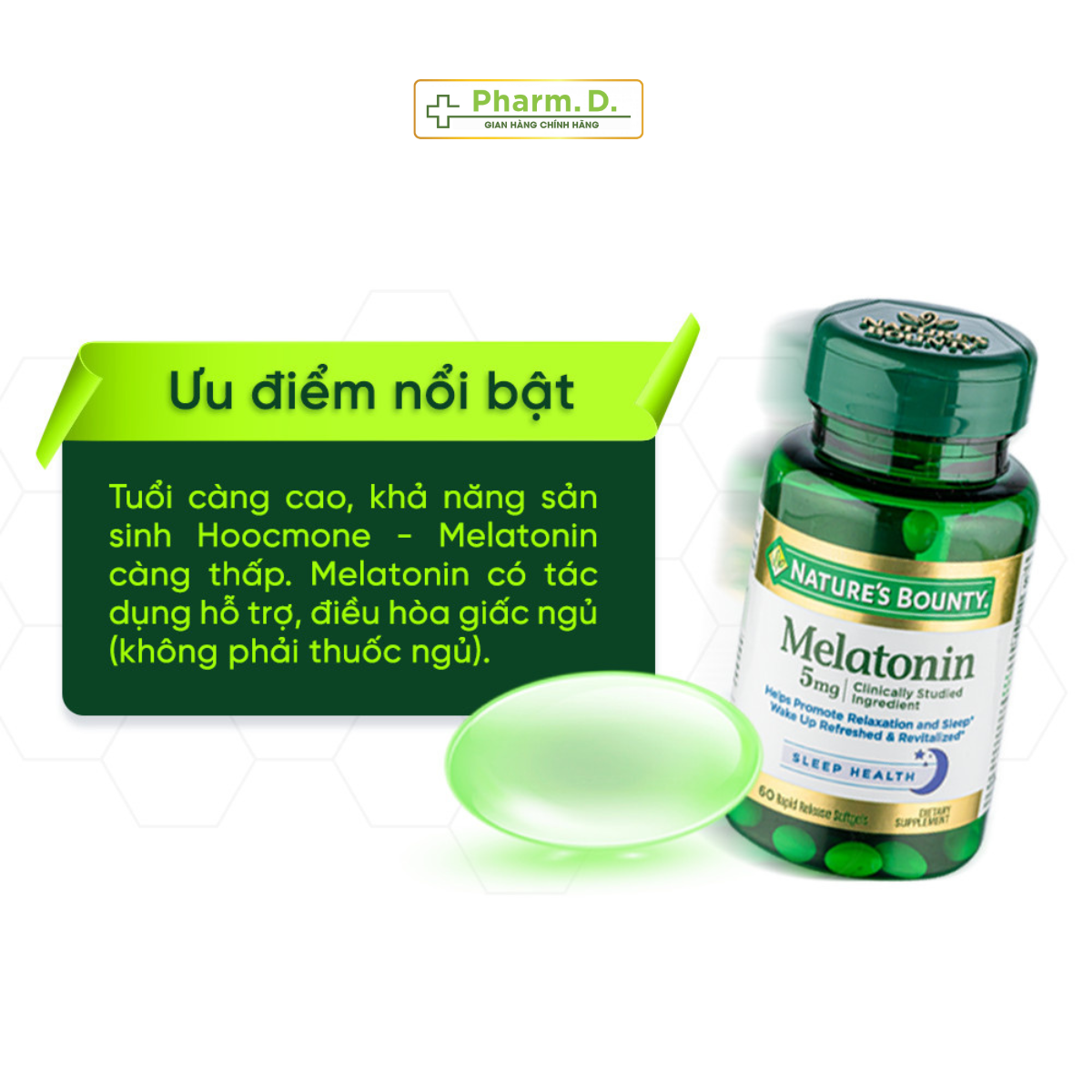 Viên uống hỗ trợ đều hòa giấc ngủ, giảm stress NATURE'S BOUNTY Melatonin 5mg (60 Viên)