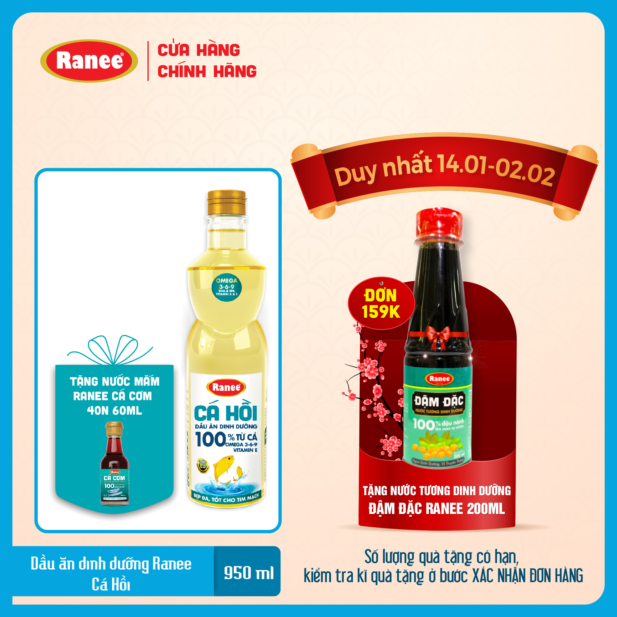 Dầu ăn Dinh Dưỡng Ranee Cá Hồi 950ml + Tặng kèm nước mắm Ranee dinh dưỡng 60ml 40 độ đạm