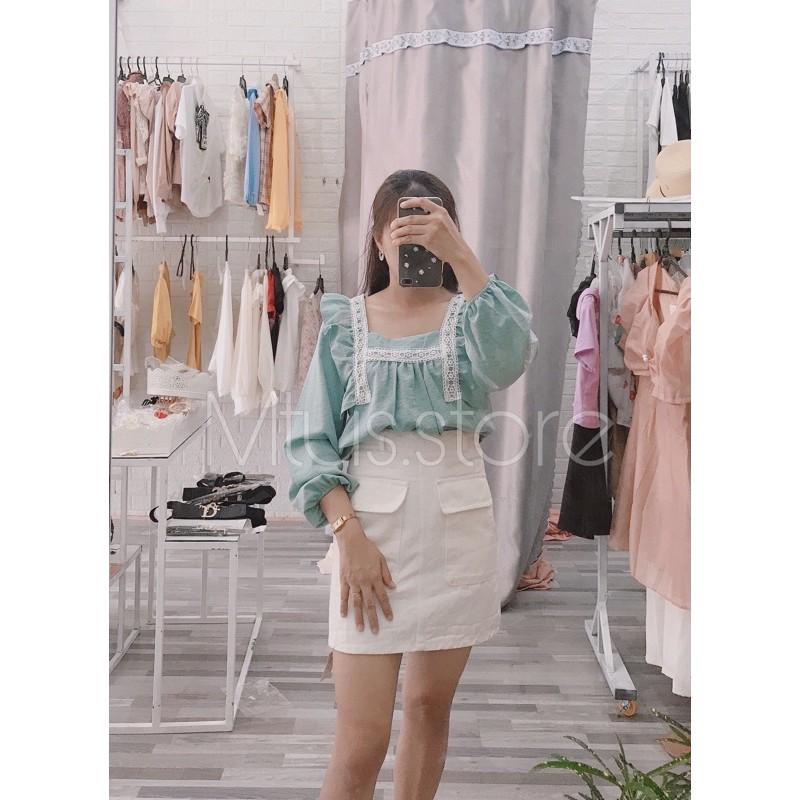 Áo sơ mi cổ vuông phối ren vai bèo