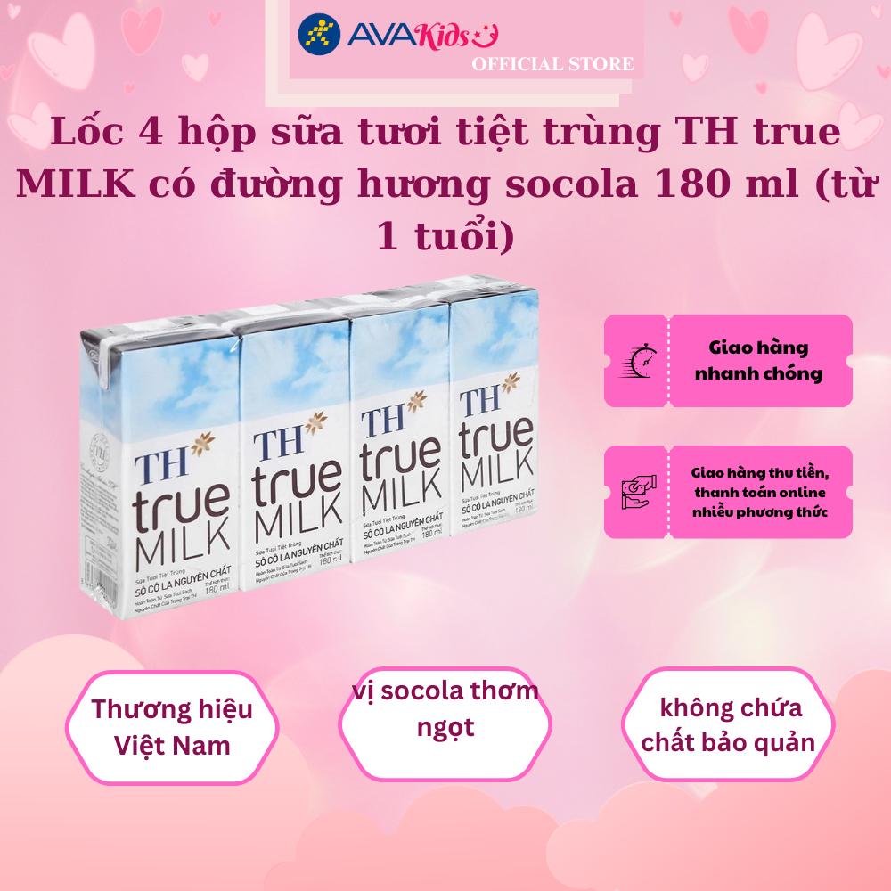Lốc 4 hộp sữa tươi tiệt trùng TH true MILK có đường hương socola 180 ml (từ 1 tuổi)