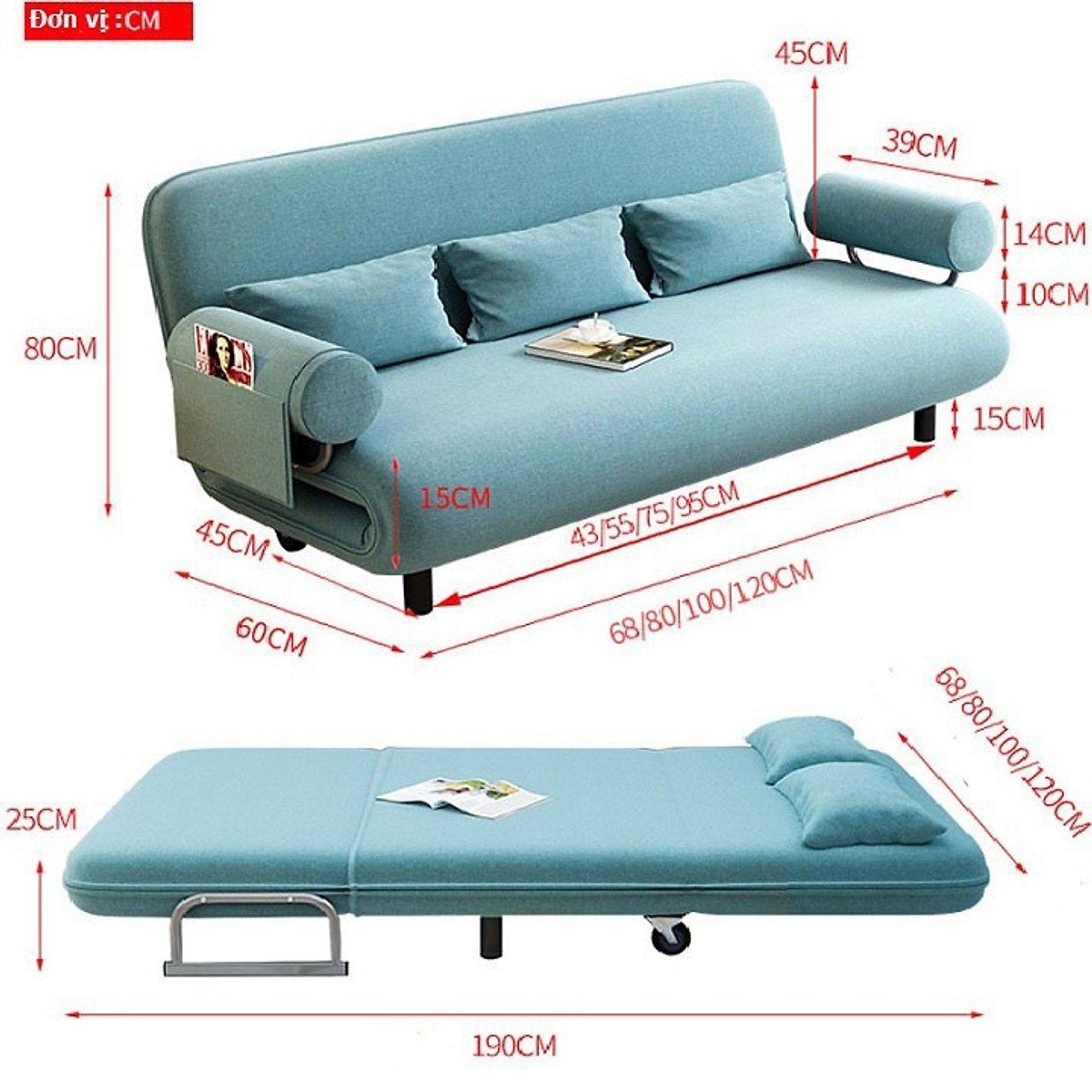 Ghế sofa giường nằm đa năng Kachi - Màu xanh