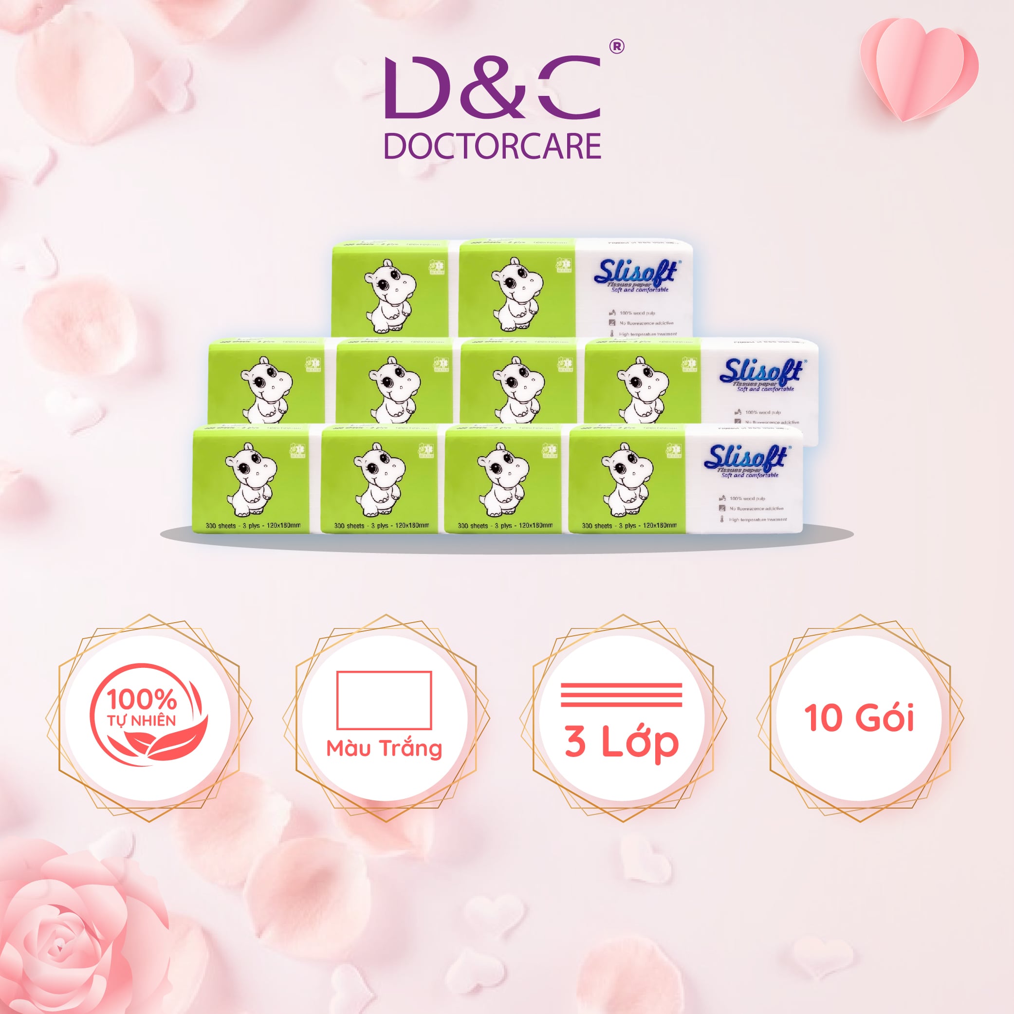 10 Bịch Giấy ăn Slisoft Trắng 3 lớp x 100 tờ đa năng,khăn giấy rút không chất tẩy trắng an toàn cho cả gia đình