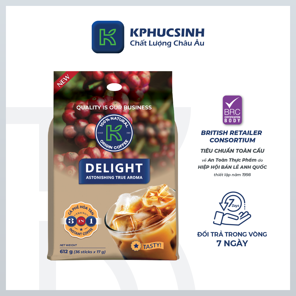 Cà phê hòa tan K Coffee 3 in 1 Delight đậm đà vị cà phê sữa đá 612g (Túi 36 gói x 17g)