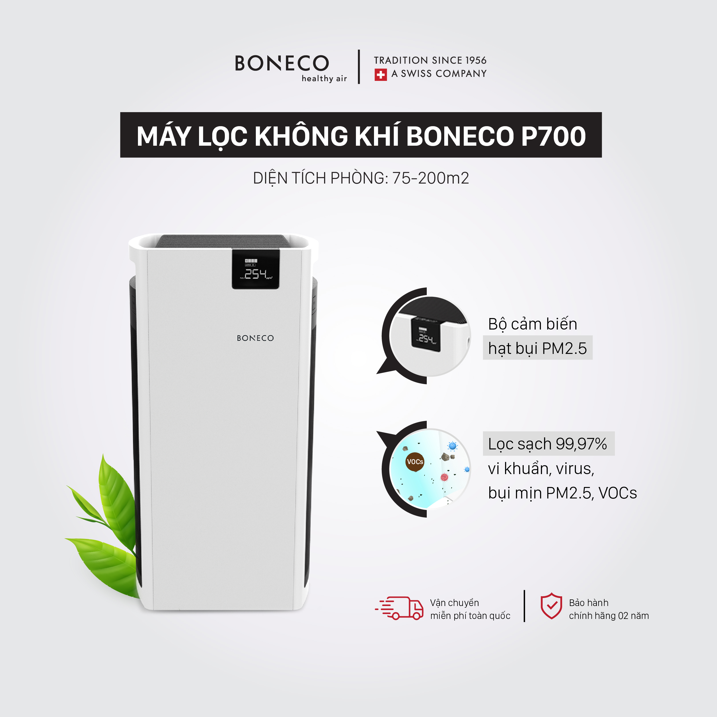 Máy Lọc Không Khí Cao Cấp BONECO P700 Khử Mùi Khói Thuốc, Diệt Khuẩn, Bộ Lọc HEPA Lọc Bụi, Báo Chỉ Số PM, Cho Văn Phòng, Phòng Khách Lớn (200m2) - Hàng Chính Hãng