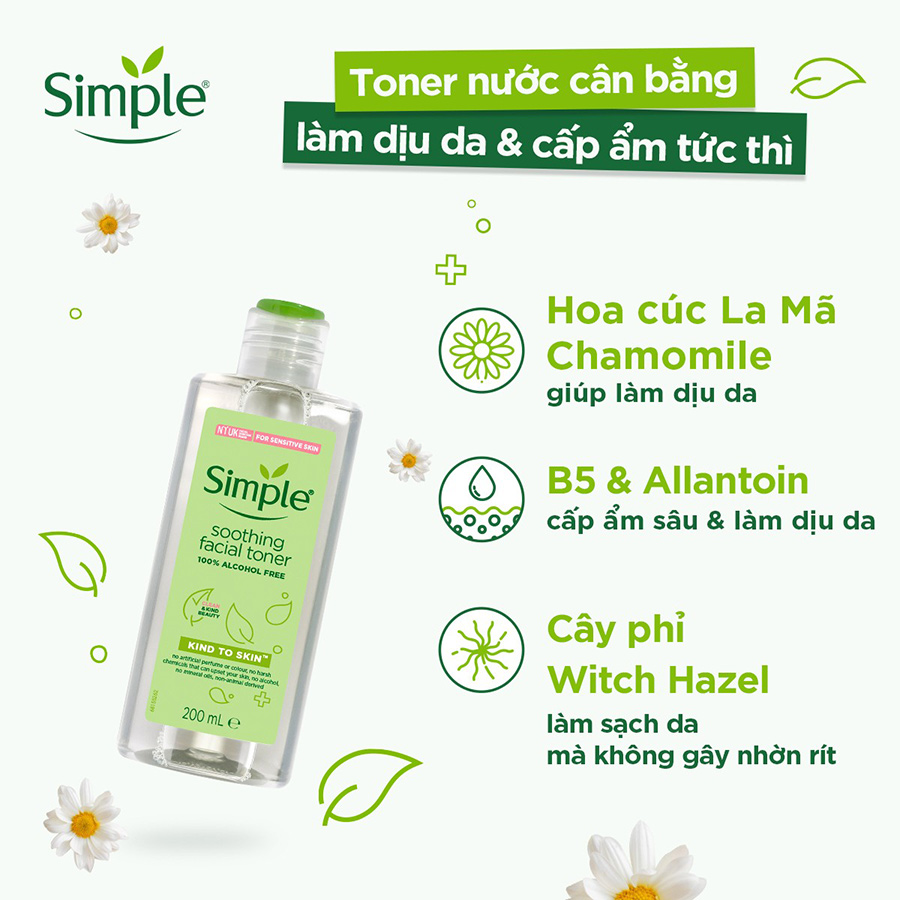 Combo Simple Tẩy trang Micellar 200ml + Sữa rửa mặt 150ml + Nước hoa hồng Toner 200ml cho da sạch khỏe đàn hồi
