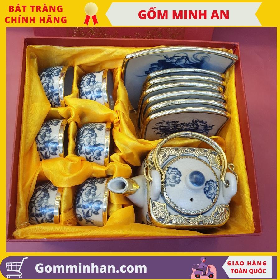 Bộ ấm trà giả cổ Gốm sứ Bát Tràng dáng ấm vuông bọc đồng vẽ hoa sen- Gốm Minh An- Ấm trà đẹp