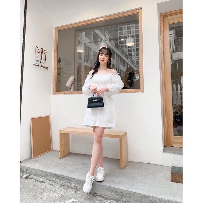 Váy trắng, váy babydoll trễ vai tiểu thư tay bồng hở lưng, mặc đi biển, đi chơi, đầm dự tiệc sang trọng siêu xinh,VAY003