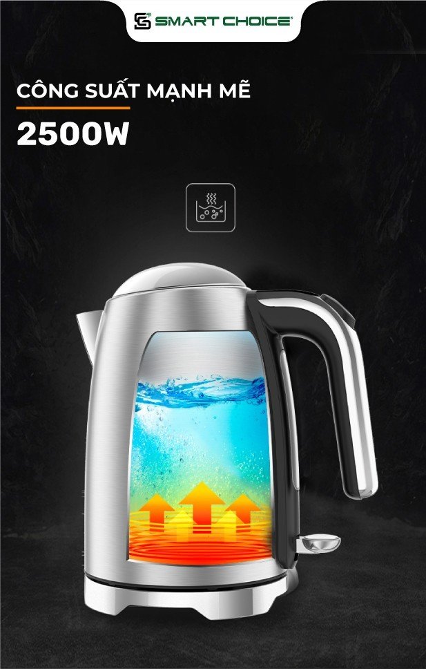 Ấm Siêu Tốc Inox 304 1.7L SMARTCHOICE SCG-K002 Bộ Chỉnh Nhiệt STRIX UK Chịu Nhiệt Tốt, Độ Bền Cao