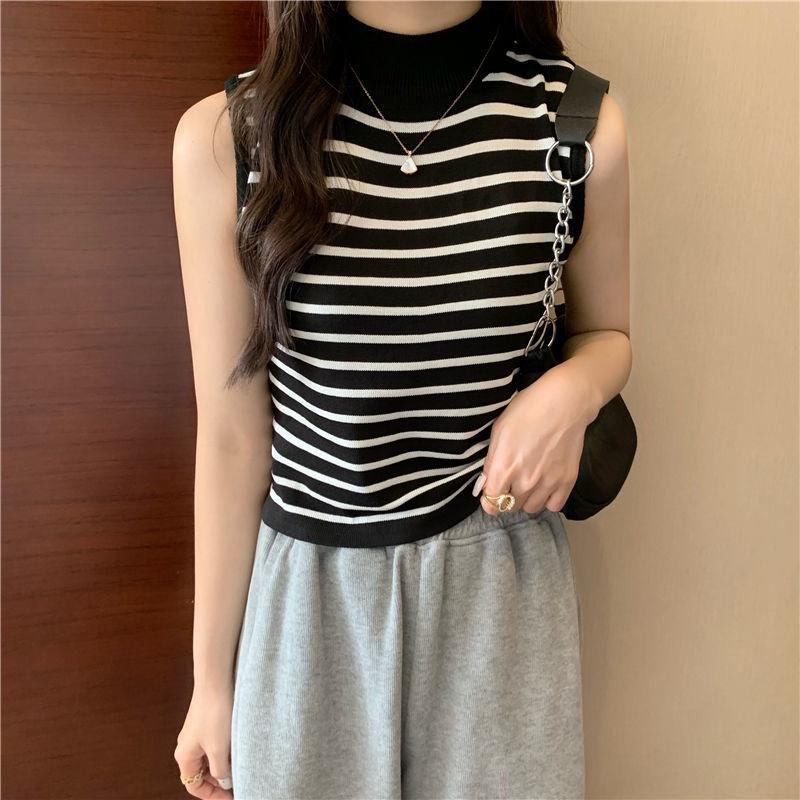 Áo len cổ 3 phân sát nách ngắn tay mỏng 3p nữ ba lỗ cổ cao đẹp croptop dệt kim họa tiết Kẻ Sọc kiểu Hàn Quốc ôm body H12