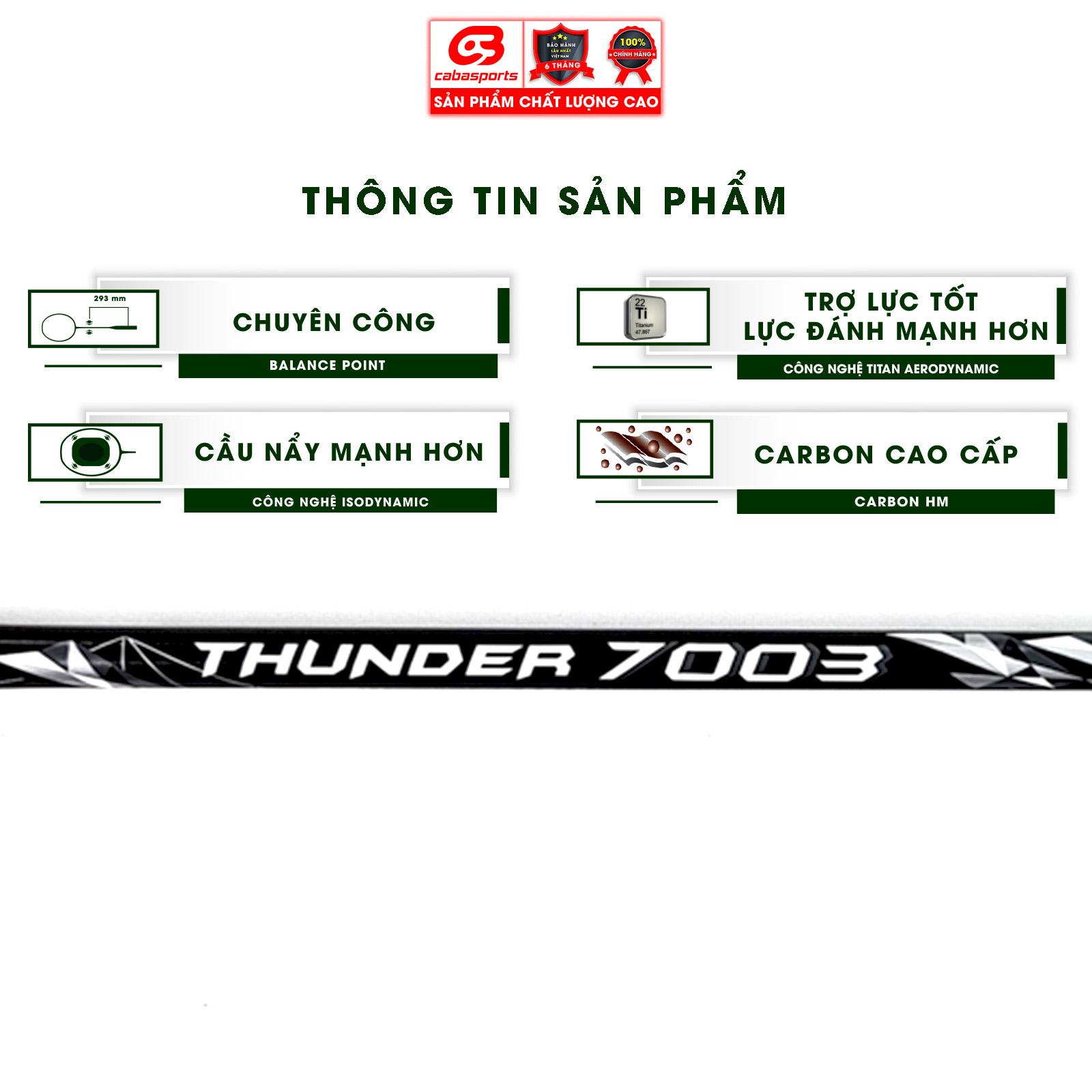 Vợt cầu lông chính hãng carbon thể thao chuyên công siêu mạnh ProKennex Thunder 7003 (1 cây) - Tặng kèm quấn cán và túi vải Cabasports