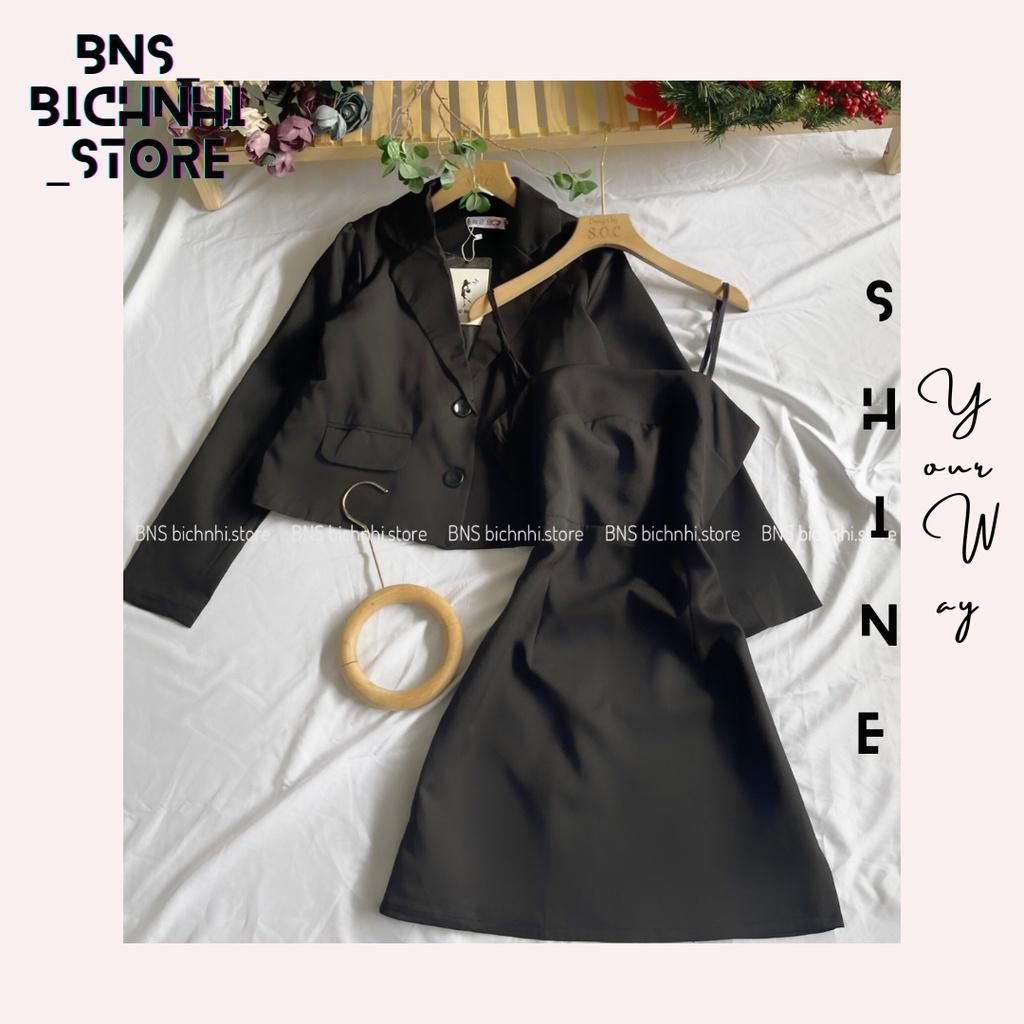 SET ĐẦM 2 DÂY &amp; BLAZER NGẮN - Cami Dress &amp; Lapel Collar Button Front Crop Blazer SET - BY BNS LOVIE SET BNS004Đ