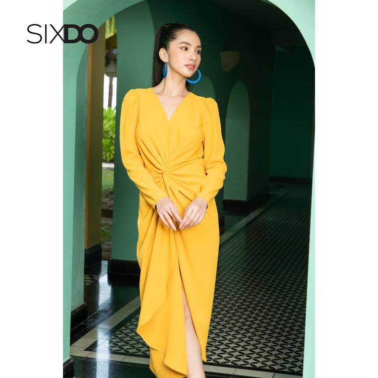 Đầm lụa midi xoắn eo sang trọng SIXDO