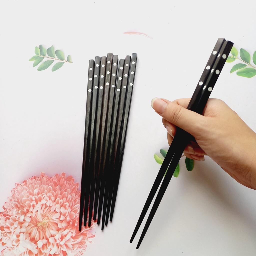 Đũa Gỗ Mun Tự Nhiên 23cm Cán Khảm Ốc, Đũa Ăn Cơm Thủ Công, Chụp Ảnh Trang Trí