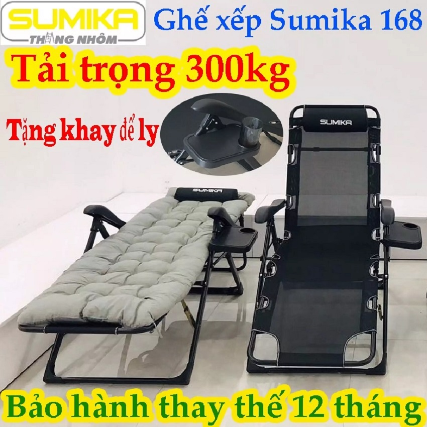 Ghế xếp thư giãn cao cấp SUMIKA 168 - Có thể ngã thành giường nằm, vải lưới Textilene thoáng khí, gối có thể tháo rời, tải trọng 300kg, khung ghế bằng thép sơn tĩnh điện chống trầy xước rir sét