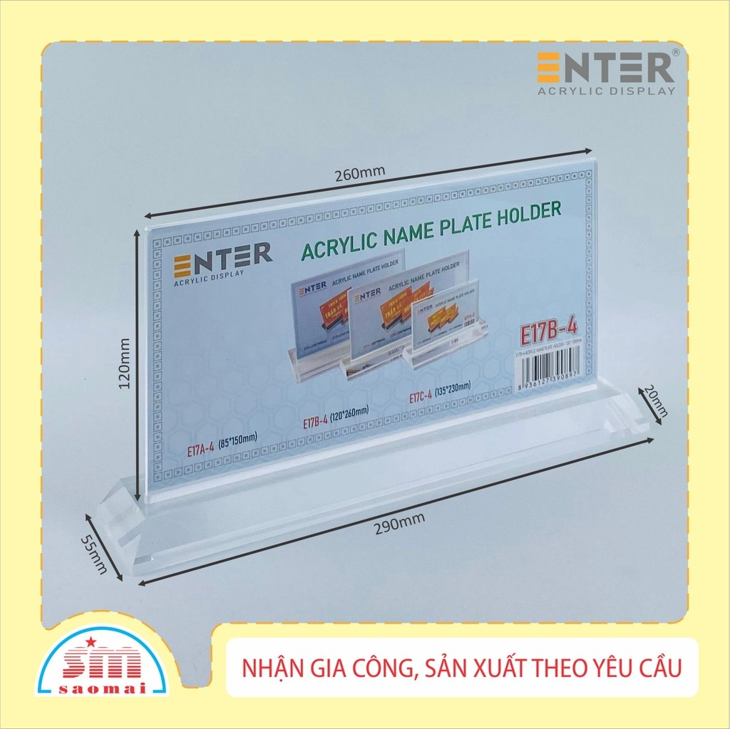 Kệ mica 2 mặt Enter E17B LR 12x26cm, đế mica 5.5x29cm dày 20mm vát 4 cạnh