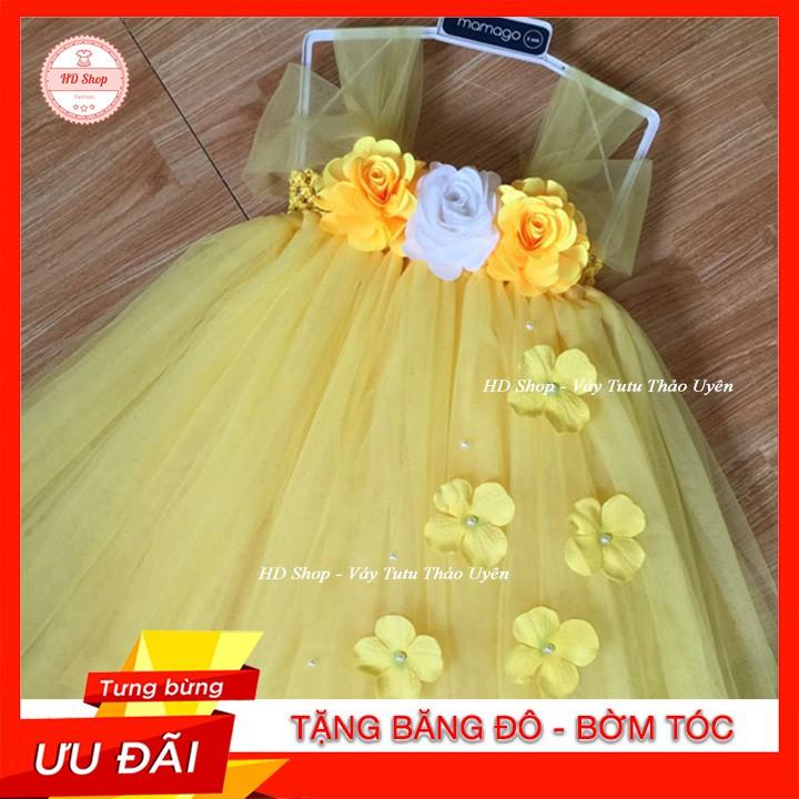 Váy công chúa cho bé, Váy công chúa vàng đính hoa hồng 3 bông cho bé