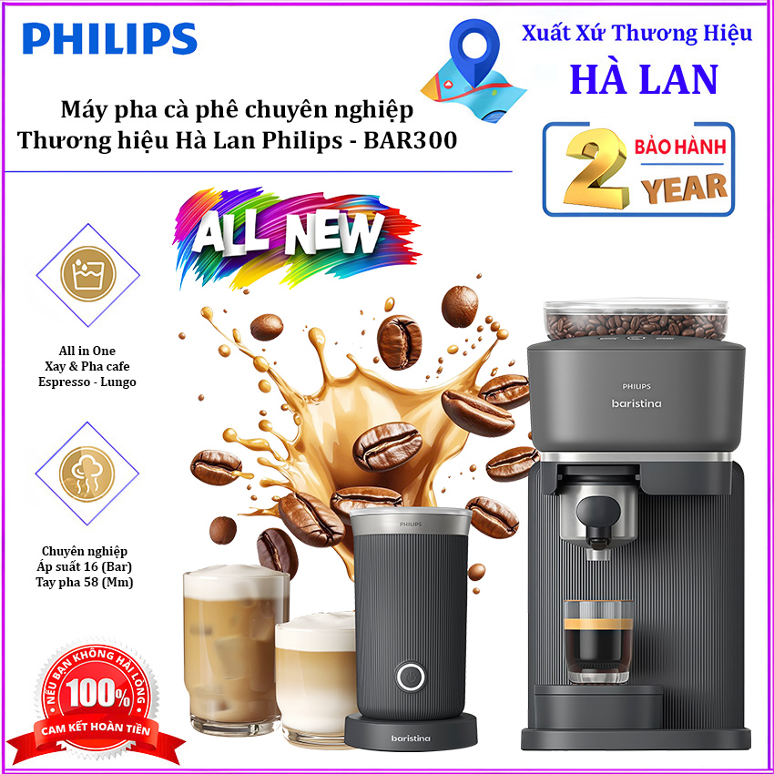 Bộ máy pha và máy tạo bọt cà phê Espresso, Lungo tự động chuyên nghiệp. Thương hiệu Hà Lan cao cấp Philips Baristina BAR300 - BAR311. Hàng chính hãng