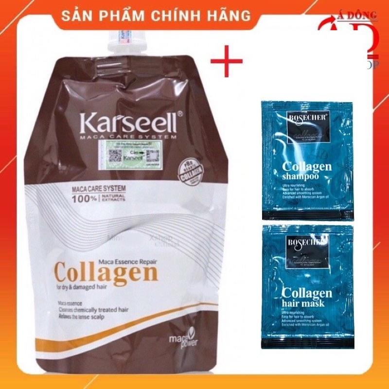 Kem ủ tóc Karseell Collagen Maca siêu mượt phục hồi tóc 500ml + Gội xả gói Bosecher kèm 5mlx2