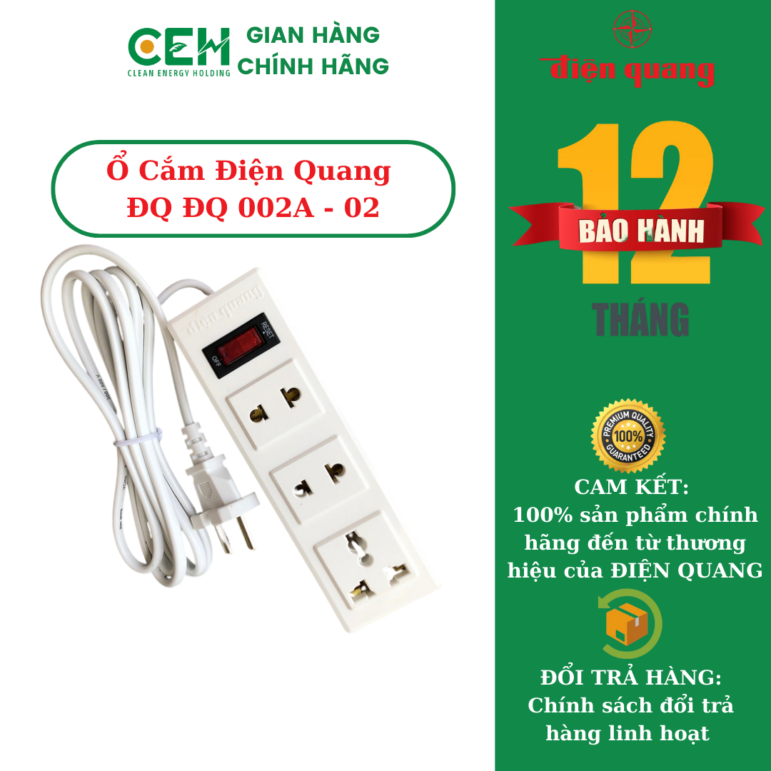Ổ cắm Điện Quang ĐQ 002A-02 3 lỗ, dài 2 mét và 5 mét, tự ngắt điện khi quá tải, an toàn 99.9% cho người dùng