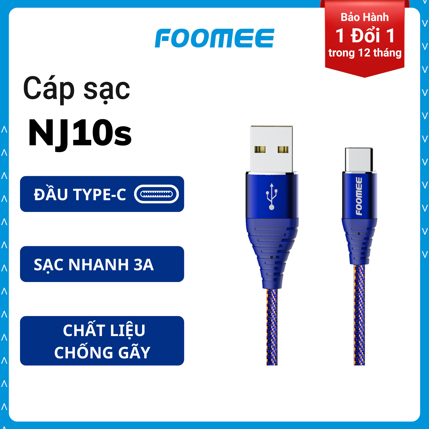 Dây Cáp Sạc Nhanh 2.4A TYPE-C FOOMEE NJ10s -Sợi Nylon Đan 2 Màu Siêu Bền Chống Đứt  Dài 1m - Màu Xanh Dương - Hàng Chính Hãng