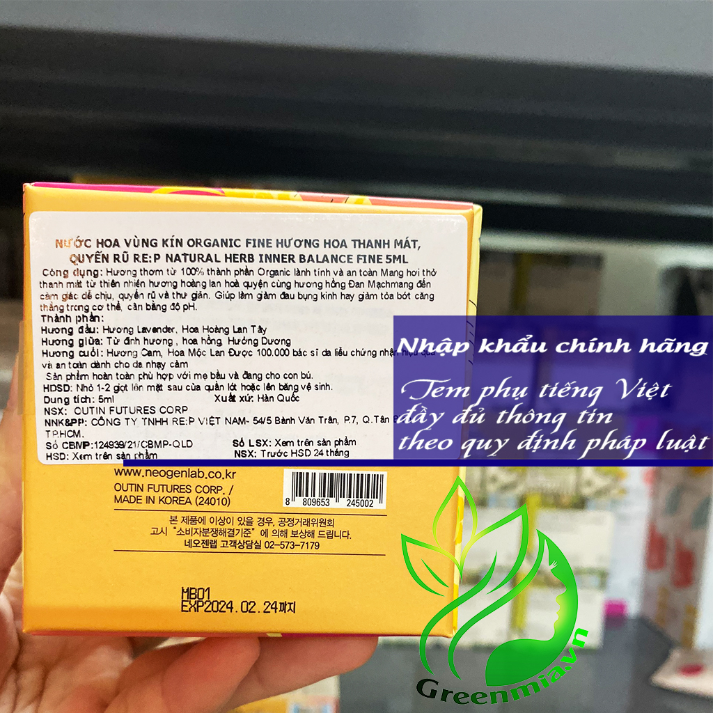 Nước Hoa Vùng Kín RE:P Organic Fine Hương Hoa Thanh Mát Quyến Rũ RE:P NATURAL HERB INNER BALANCE FINE 5ml [Màu vàng]