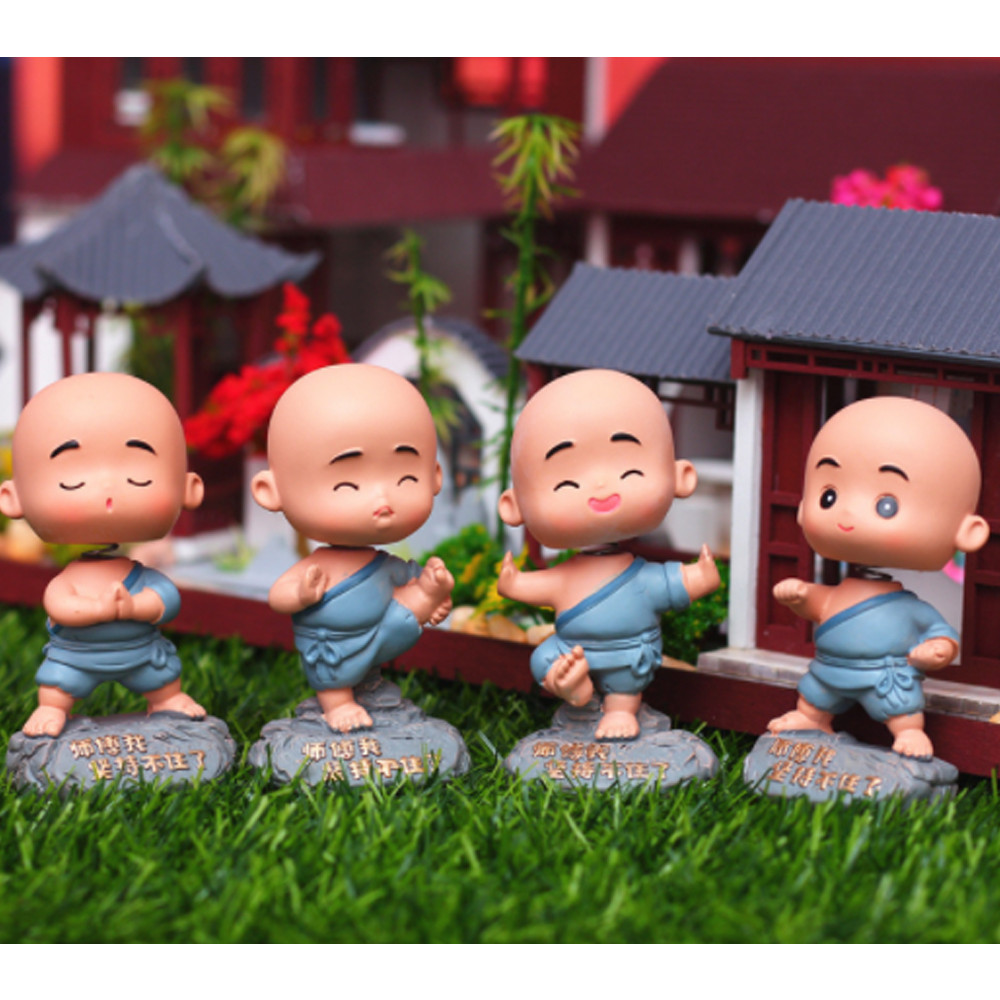 Bộ 04 chú tiểu áo xanh lò xo đứng múa võ 8cm