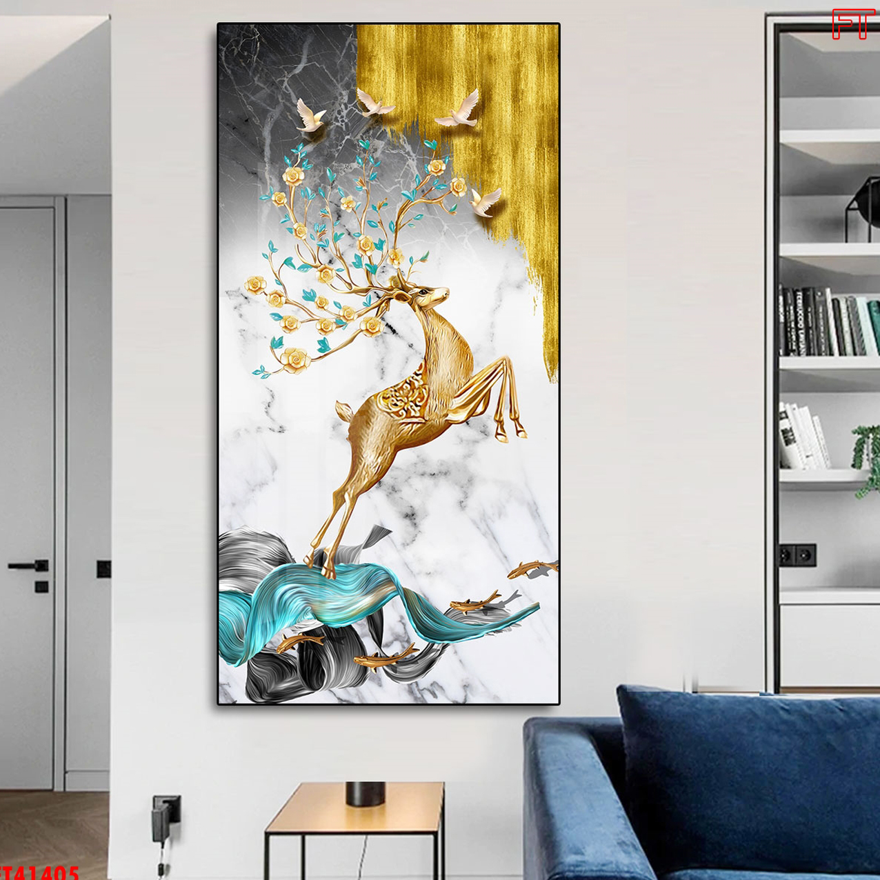 Khung Tranh Đơn Trang Trí Cao Cấp - Tranh Canvas Chú Hươu Có Cặp Sừng Hoa Tuyệt Đẹp