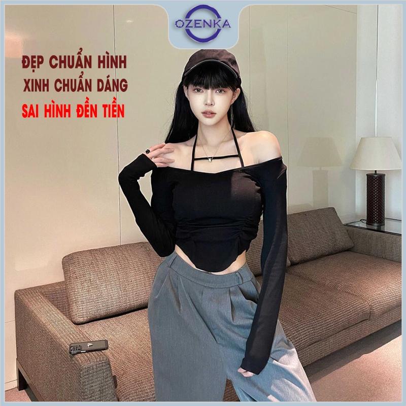 Set áo croptop nữ tay dài kiểu Hàn Quốc OZENKA , áo crt ôm body vạt bầu nhún eo cổ rộng thun gân 100% cotton màu đen