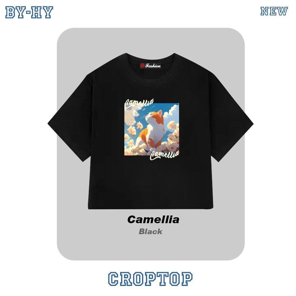 Croptop freesize in hình Mèo Camellia kèm họa tiết dễ thương