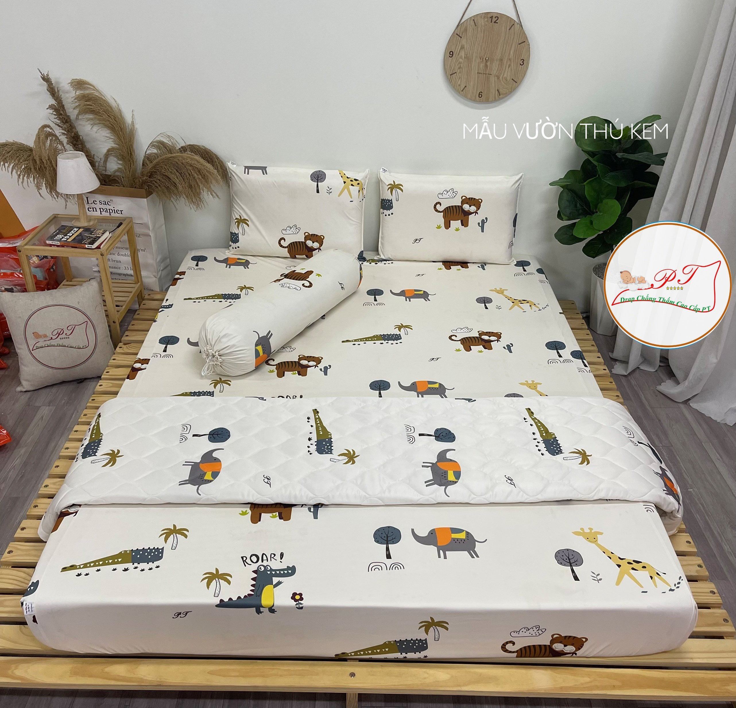 Drap Chống Thấm PT Họa Tiết Vườn Thú Kem