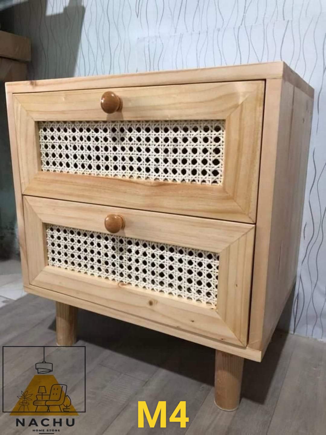 Kệ, Tủ Đầu Giường Mây Đan Mắt Cáo - Kệ Gỗ Decor Phòng Ngủ 50x35x55cm Nachu Home Store