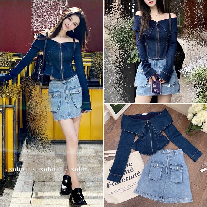 ĐẦM SET ÁO CROPTOP TRỄ VAI TAY DÀI + CHÂN VÁY NGẮN LƯNG CAO TÚI HỘP CHỮ A JEANS ĐI CHƠI NOEL ĐI TIỆC DẠO PHỐ GIÁNG SINH