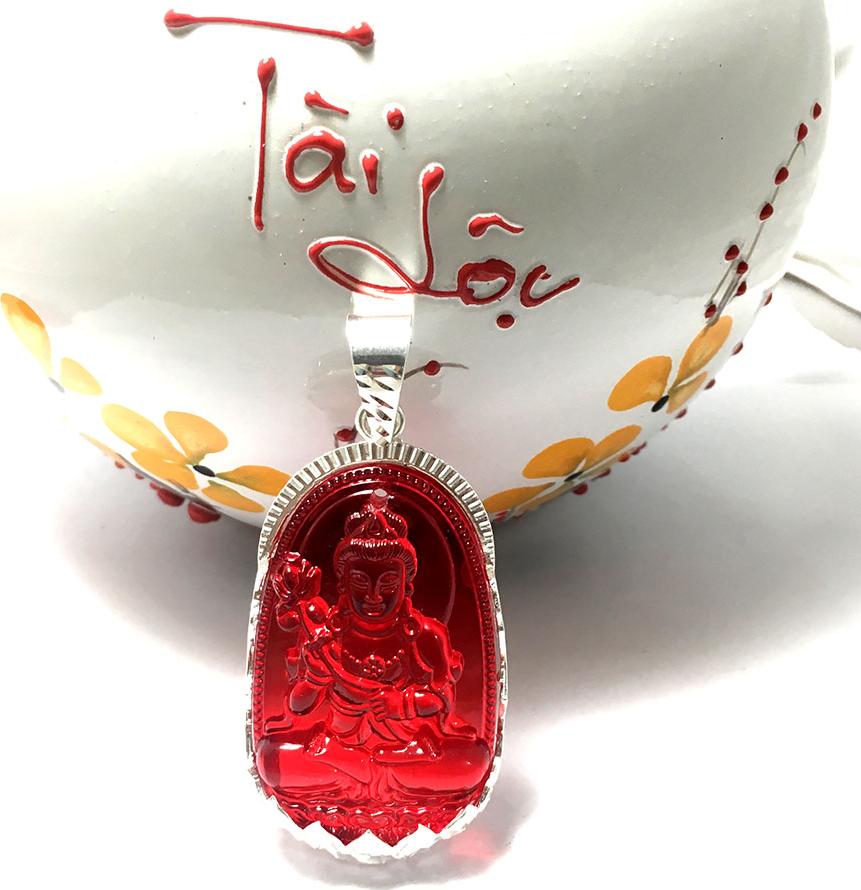 Mặt dây nam bản mệnh ngài Đại Thế Chí Bồ Tát  màu đỏ bọc đài sen bạc ta cao cấp cho người tuổi Ngọ Bạc QTJ - MBM29