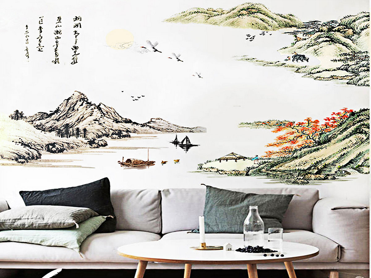 Decal dán tường tranh phong thủy núi sông 2 mảnh gs8803