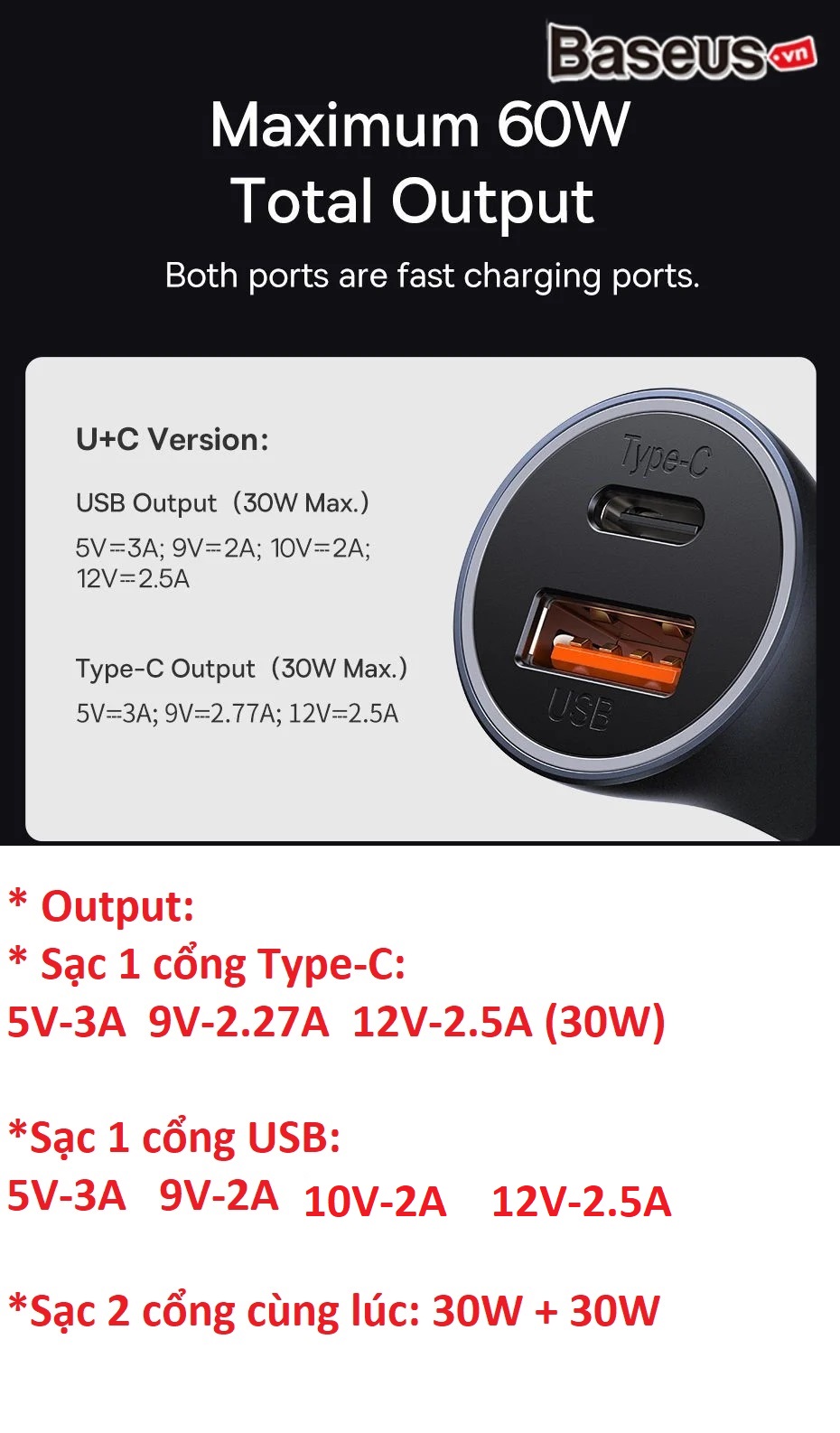 Tẩu sạc trên ô tô 2 cổng Type C và Usb cho điện thoại và máy tính bảng Baseus Golden Contactor Max Dual _ Hàng chính hãng