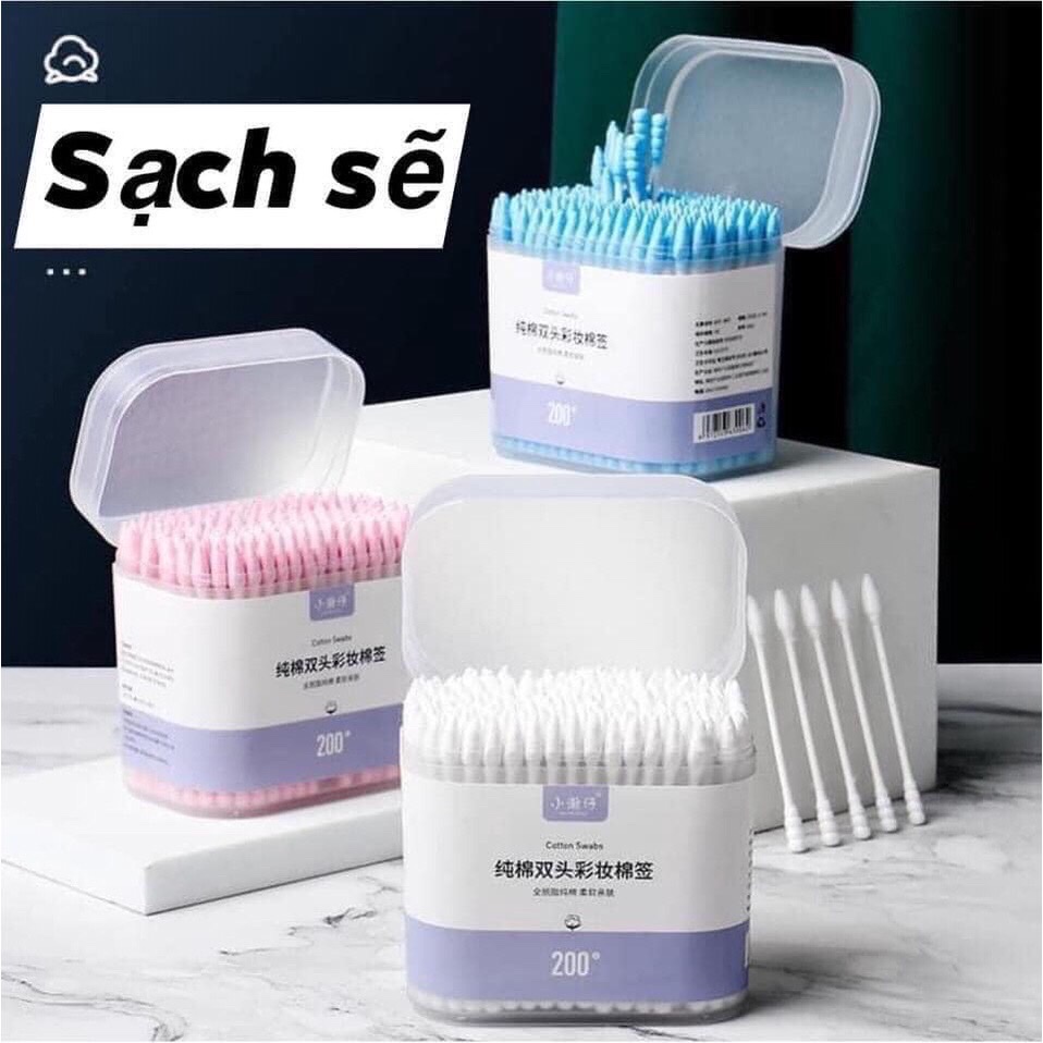Tăm bông ngoáy tai hộp 200c  lớn cao cấp với 2 đầu tăm thiết kế hình dáng khác nhau làm sạch sâu bên trong , an toàn và tiện lợi