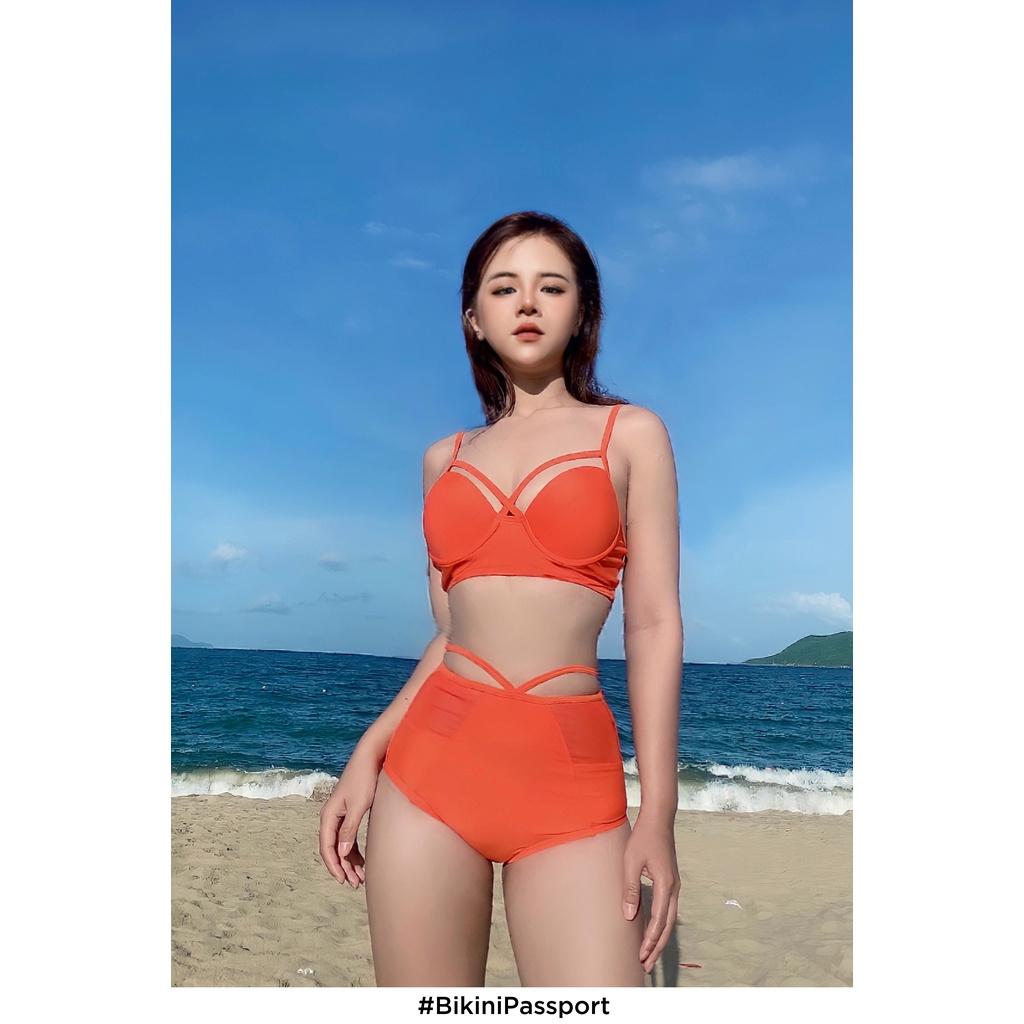 Đồ bơi NỮ BIKINI PASSPORT kiểu Hai mảnh quần lưng cao phối lưới - màu Cam - BS077_OR