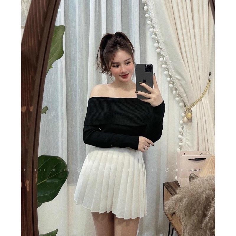 Áo len nữ dài tay cổ đổ bẹt vai sexy hàng len QC