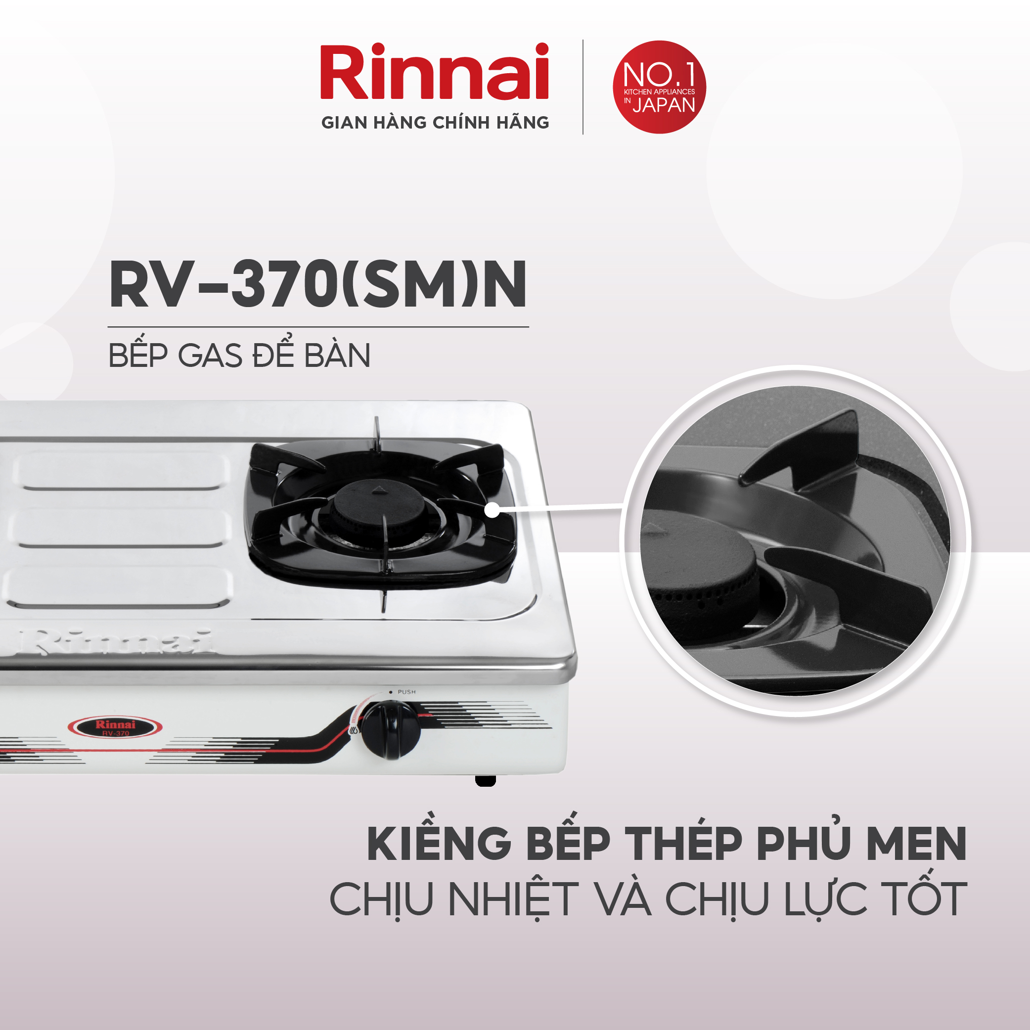 Bếp gas dương Rinnai RV-370N mặt bếp inox và kiềng bếp men - Hàng chính hãng.