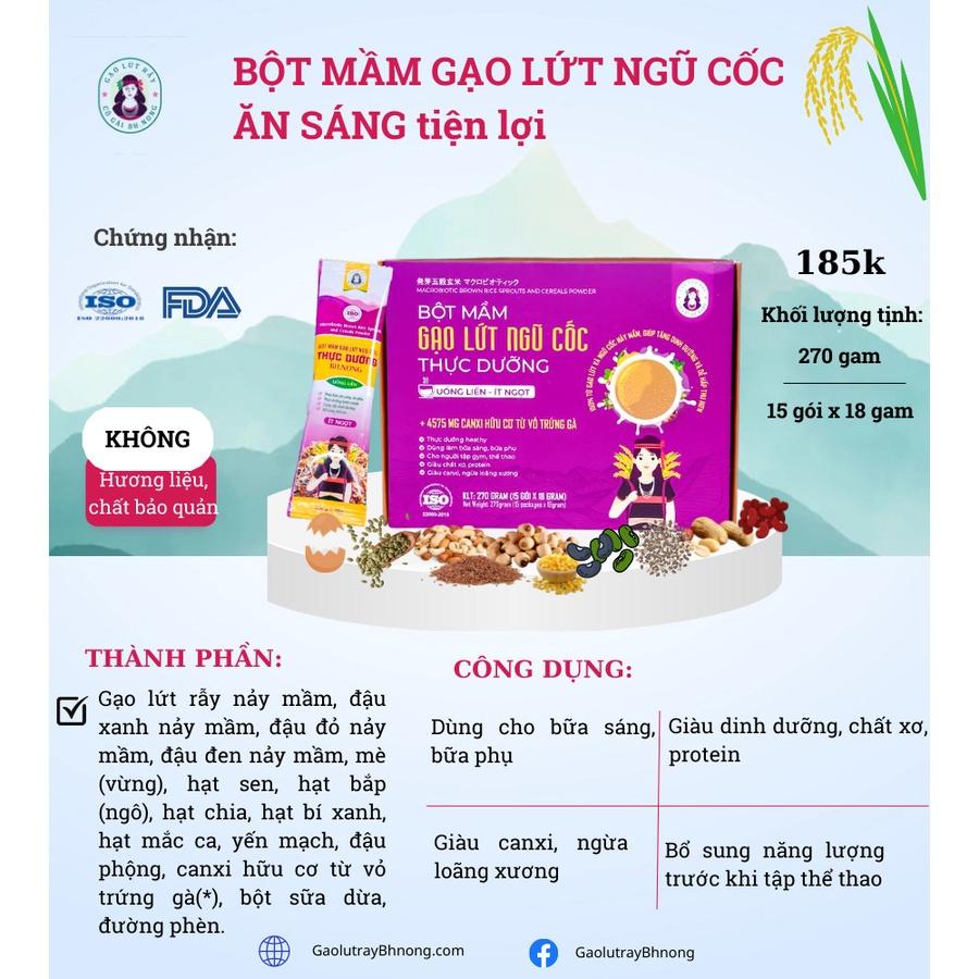 Bột ngũ cốc dinh dưỡng mầm gạo lứt Bhnong, dạng gói 18g bổ sung canxi hữu cơ, tiện lợi cho bữa sáng