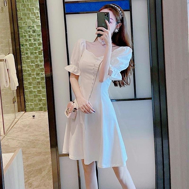 ĐẦM ĐI TIỆC Đầm váy cổ vuông nút bọc 2 màu