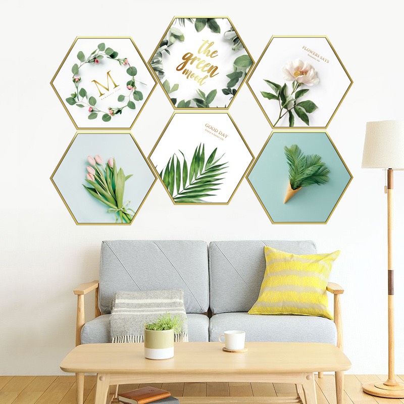 Decal Dán Tường Hoa Lá Trang Trí Phòng Ngủ, Phòng Khách - Lục Giác Trắng Xanh Lá NHAXINH01