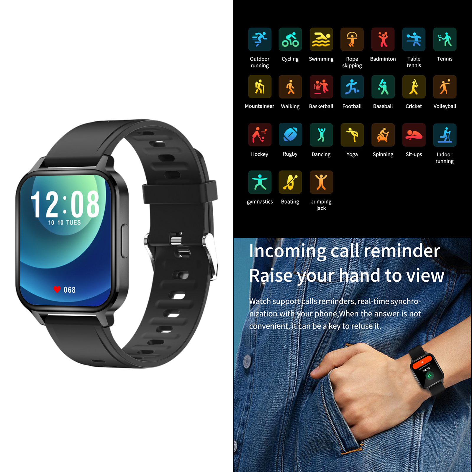 Smart Digital Smartwatch  Monitor IP68 Waterproof Fitness Black