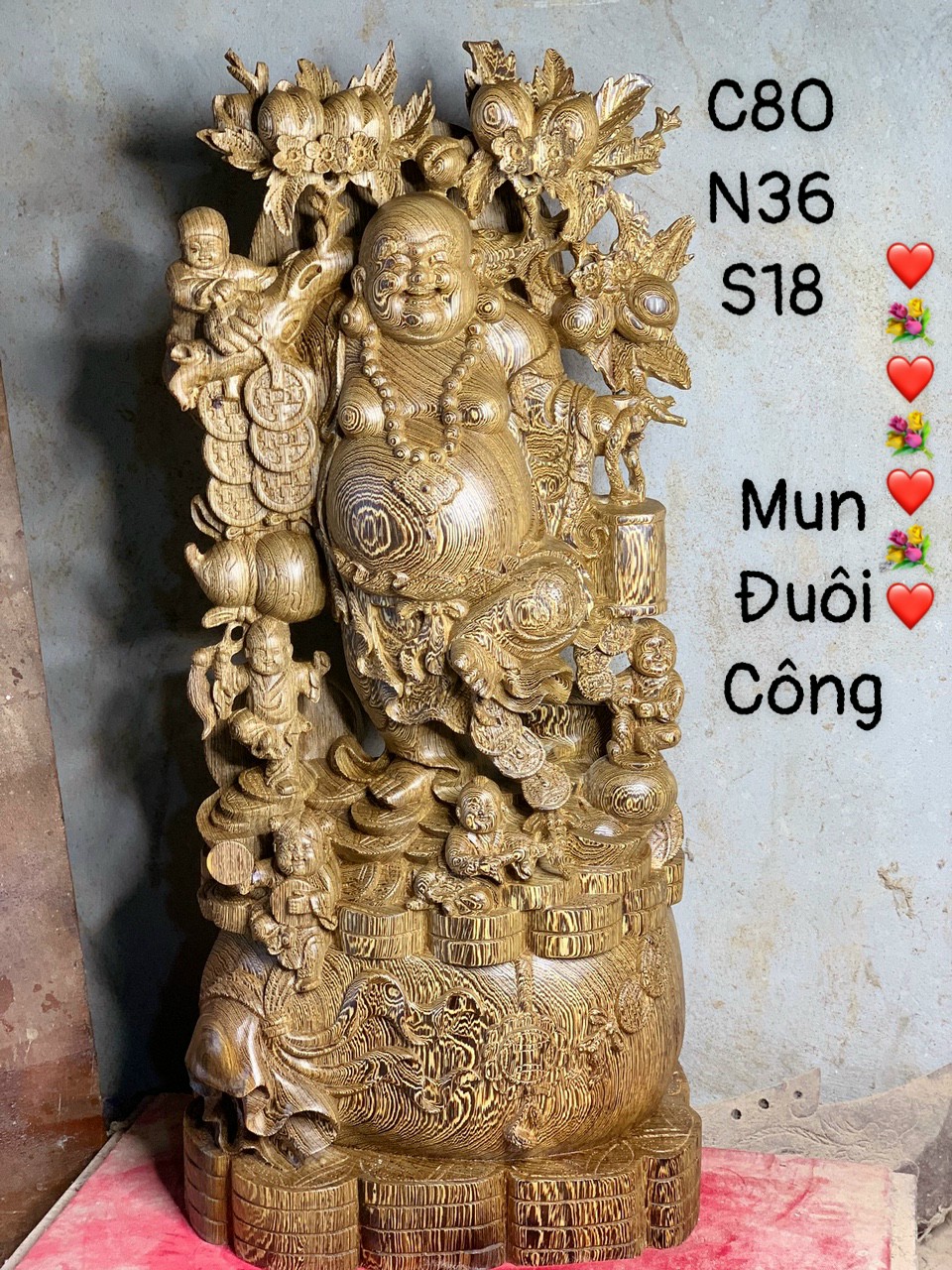 Tượng phật di lặc ngũ phúc bằng gỗ mun đuôi công  kt cao 80cm