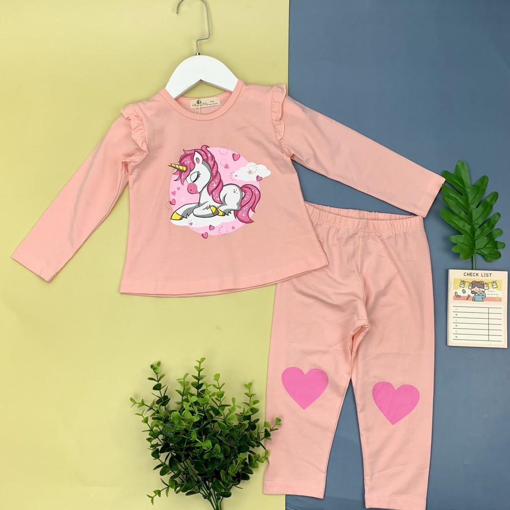 Bộ cotton thu đông dài tay viền vai in hình ngựa kỳ lân bé gái size 1-10T, cho bạn từ 10-30kg. Chất cotton đẹp