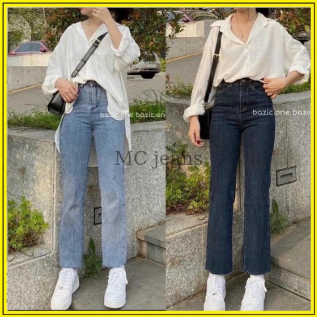 Quần jeans nữ ống đứng trơn đậm nhạt cạp cao phong cách Hàn Quốc