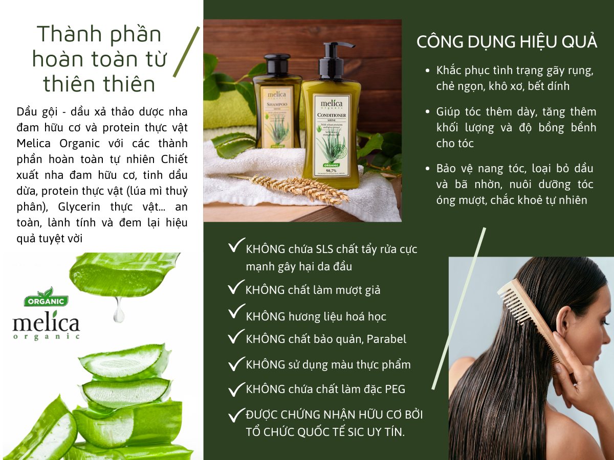 Bộ chăm sóc tóc mềm mượt, phục hồi hư tổn thảo dược hữu cơ Melica Organic dầu gội xả nha đam &amp; protein thực vật thủy phân và serum dưỡng tóc